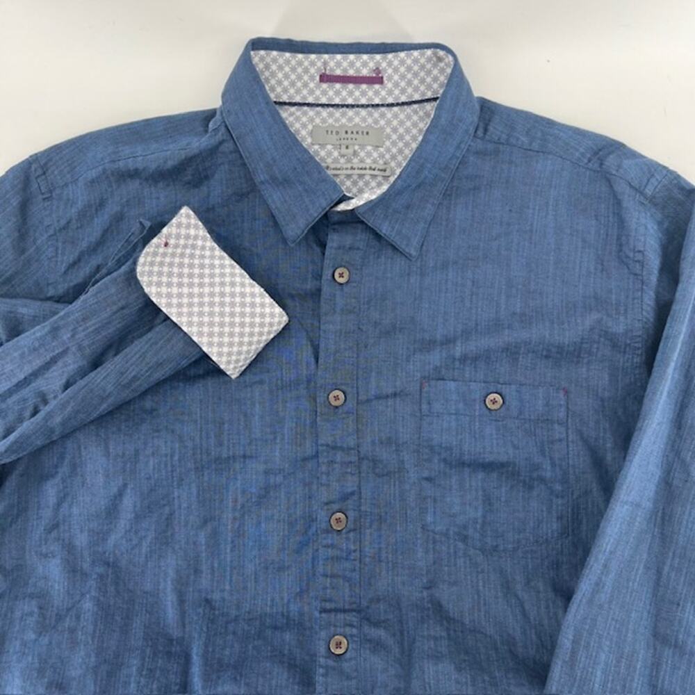 Ted Baker Linen Cotton Flip Cuff Button Up Shirt Mens 6/L Blue Roll Sleeve